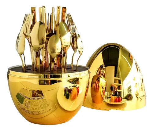 Set de Cubiertos Dorados con Estuche en Forma de Huevo